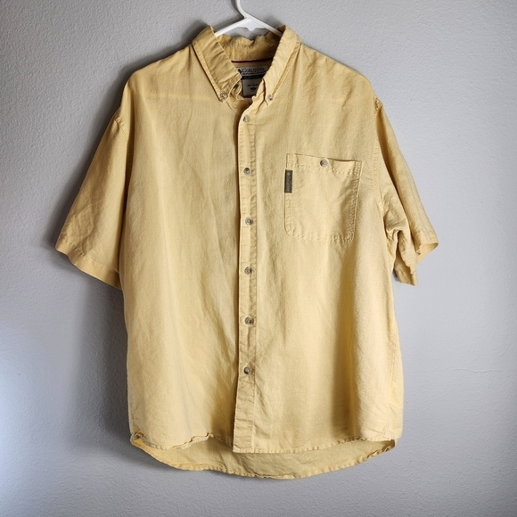 Columbia Mens Light Yellow Ramie/Cotton Short Sleeve Buttondown Shirt-Size L - Picture 1 of 8